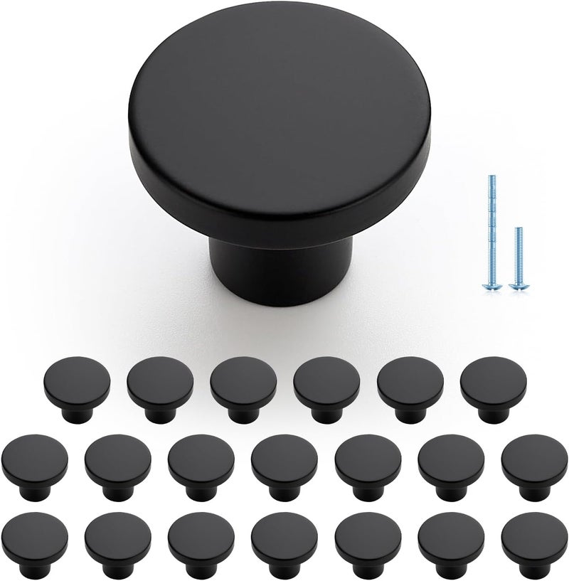 JOY DECOR 20 Pack Black Cabinet Knobs, Matte Black Kitchen Cabinet Knobs, 1-1/5 Inch Round Drawer Pulls, Kitchen Hardware for Dresser Drawers Closets - Image 1